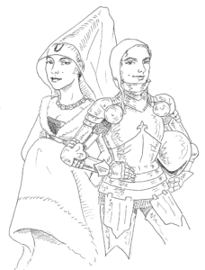 A 15th century lady in a gown and a lady in armour